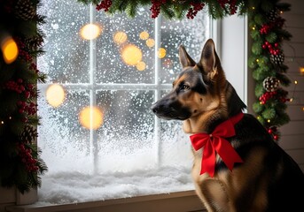German shepherd with a red bow looks out the window at the snow falling outside during the christmas holiday season