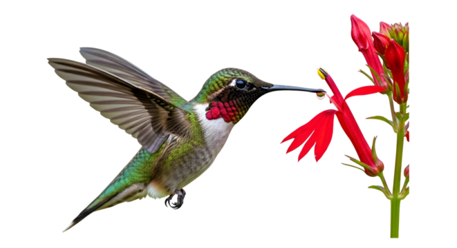 Ruby-Throated Hummingbird in Flight Sipping Nectar from Cardinal Flower Isolated on Transparent Background, Avian Beauty, Wildlife, Nature Photography, Detailed Plumage, Vibrant Red Petals