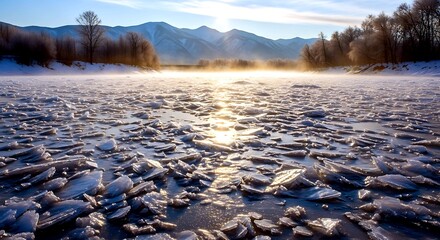 Sunlight glinting on a frozen riverbed with mist rising towards distant mountains at dawn