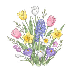 Spring flower bouquet with tulips daffodils isolated on a transparent background