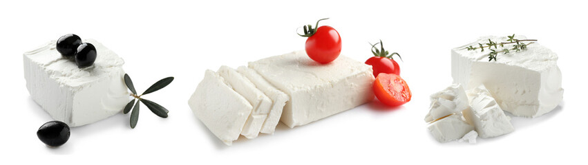Collage of tasty feta cheese on white background