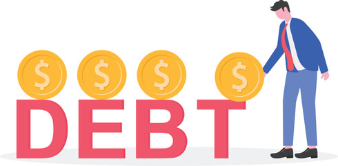 Businessman carrying a stack of coins to place on a box labeled debt beside a pie chart illustration of paying off company business debt
