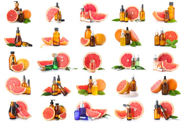 Set of grapefruit essential oil on white background