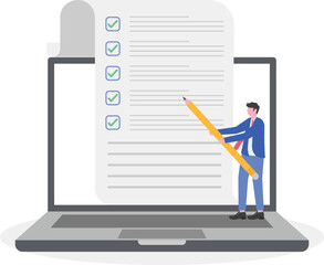 Man standing beside a menu board and several coffee sacks illustration for appreciation of coffee day or coffee festival celebration
