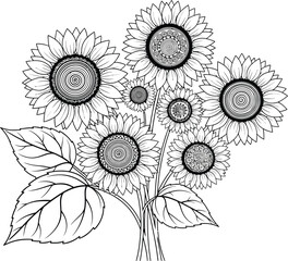 Sunflower Bouquet Outline with Detailed Floral Design, Isolated