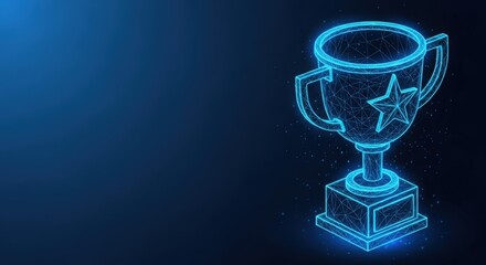 Futuristic digital trophy glowing with blue neon light