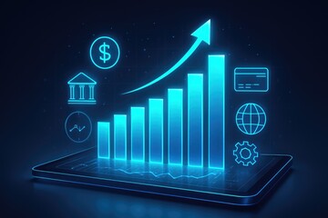 Tablet showing glowing blue financial bar chart with upward arrow and icons for banking and global network