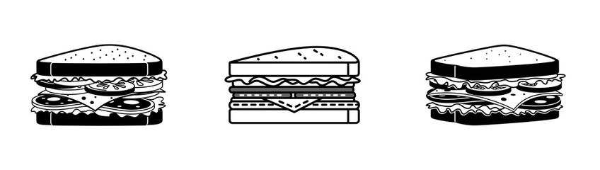Three illustrations of sandwiches with various fillings and bread types.