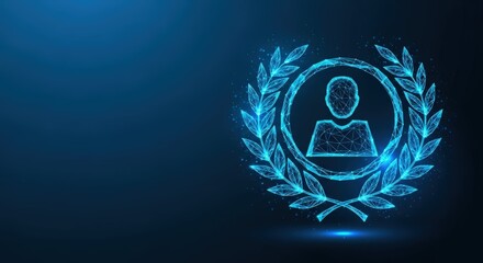 Glowing blue digital award icon with a user profile and laurel wreath