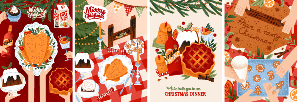 Cozy Christmas dinner vector illustration with festive food, turkey, mulled wine, pie, table setting, gingerbread making, cooking, eggnog, dessert for greeting card, invitation, poster and background
