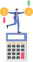 Businessman appearing from calculator holding arrows up and down illustration of business risk management calculation
