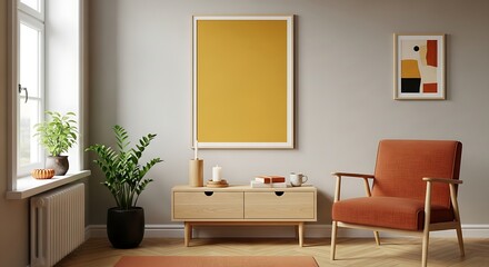 Fototapeta premium Cozy Interior with Mustard Yellow Artwork, Modern Chair, and Natural Light.