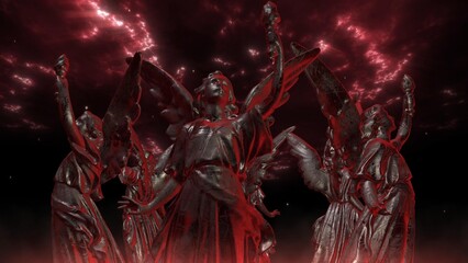 Dramatic angel statues stand against a fiery red sky, perfect for fantasy book covers or dark spiritual themes, adding a captivating and ethereal beauty