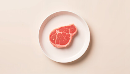 Raw pink meat steak on white plate with beige background  