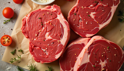 Fresh raw beef steaks with seasoning and cherry tomatoes on parchment  