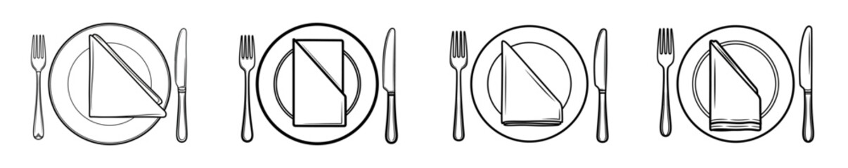 Four identical line art icons depicting a formal table setting with a fork, plate, folded napkin, and knife arranged neatly for dining.