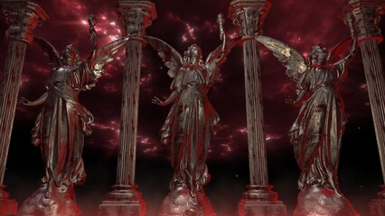 Enchanting angel statues stand guard under a dramatic red sky, perfect for adding a touch of mystery and intrigue to your creative projects