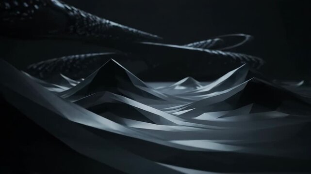 Dark geometric dunes with sharp angles and metallic textures slowly transform in a seamlessly looping abstract architectural video background slowly transform, wallpaper, website