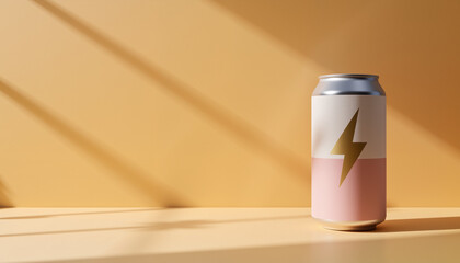 Refreshing energy drink can with lightning design on wooden surface  