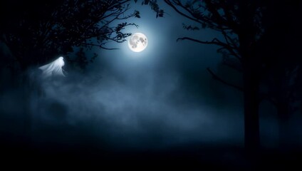 Ghost floating through foggy forest at night with full moon - Powered by Adobe