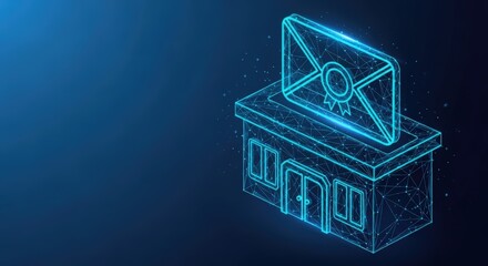 Glowing blue wireframe building with a secure mail envelope on top