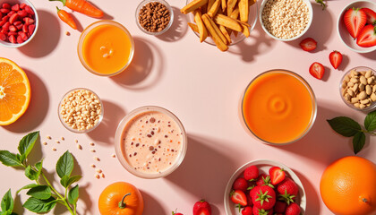 Healthy smoothies and fruits arranged on pink background  