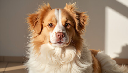 Dog sitting calmly in sunlight with soft fur and bright eyes  