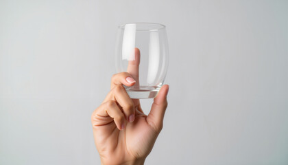 Person holding a clear glass in one hand against a plain background  