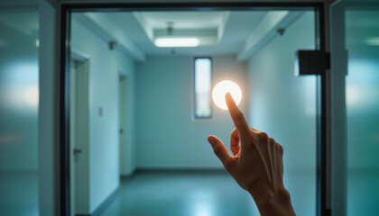 Hand reaching to touch sunlight coming through window in hallway  