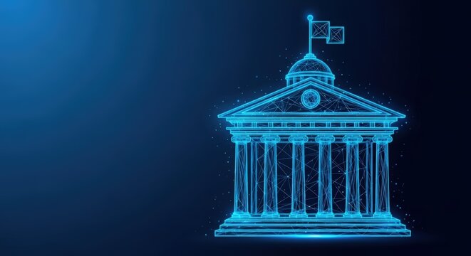 Glowing blue wireframe of a futuristic government building