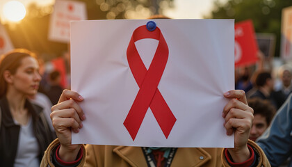 Protester holding red ribbon sign during awareness rally at sunset  