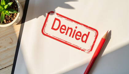 Stamped paper with the word "Denied" and red pencil on desk  