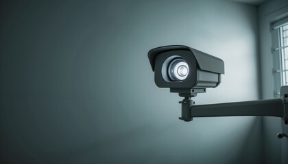 Security camera mounted on wall casting light in dark room  