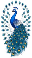 Detailed peacock illustration, vibrant colors, ornate tail