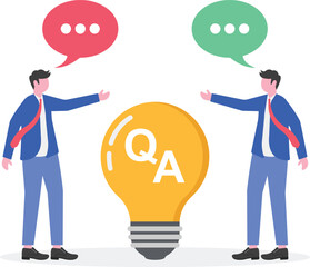 Two businessmen talking among light bulbs with chat dialog showing Q and A illustration of sharing ideas inspiration and business innovation

