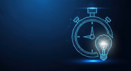 Glowing digital stopwatch and lightbulb on a blue background