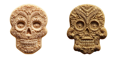 Two ornate sugar skulls with intricate patterns isolated on a transparent background