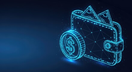Glowing digital wallet and dollar coin wireframe graphic