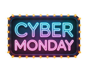 Cyber monday neon sign with light bulbs isolated on transparent background