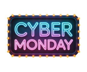 Cyber monday neon sign with light bulbs isolated on transparent background