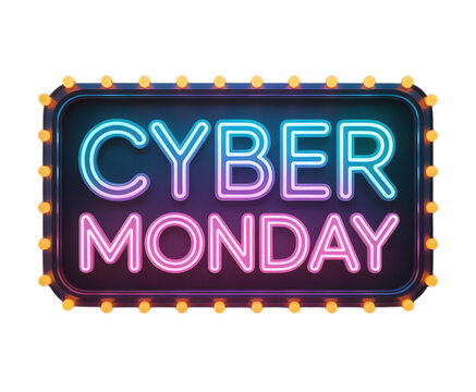 Cyber monday neon sign with light bulbs isolated on transparent background