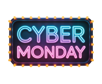 Cyber monday neon sign with light bulbs isolated on transparent background - Powered by Adobe