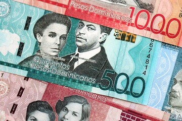 Dominican Republic Pesos currency money bills. DOP currency banknotes in stack with different...