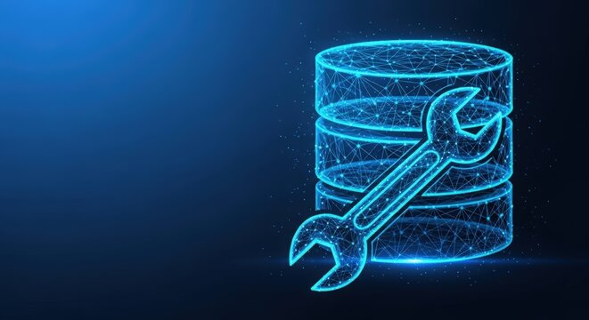 Glowing wireframe icon of database maintenance