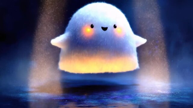 A cute, fluffy, smiling creature with glowing cheeks floats in a blue, reflective environment