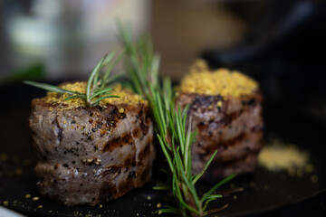 Grilled Beef Steaks on Pan
