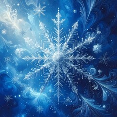 Detailed snowflake in blue background with swirls and frost