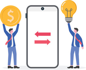 Businessman near two app interfaces showing a lightbulb and a dollar sign separated by a double arrow illustration of exchanging ideas and business finance
