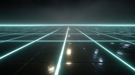 Futuristic grid floor with glowing lines.  Perspective view of a dark, tiled surface, crisscrossed by bright teal/aqua neon lines.  A sense of spaciousness and technological advancement
