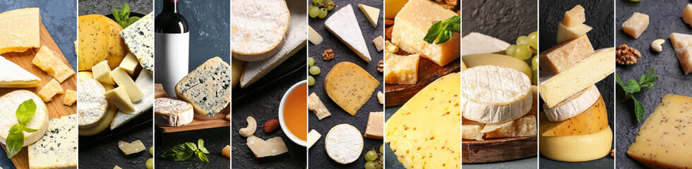 Different types of tasty cheese, nuts and grapes on light background